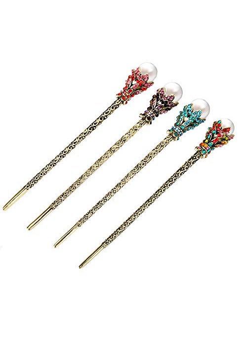 lasenersm 4 Pieces Vintage Hair Chopsticks Vintage Hair Sticks Rhinestone Hair Chopsticks Pearl Hair Sticks Rhinestone Pearl Hair Stick Pearls Rhinestones Hair Pin for Women Girls Multicolor 