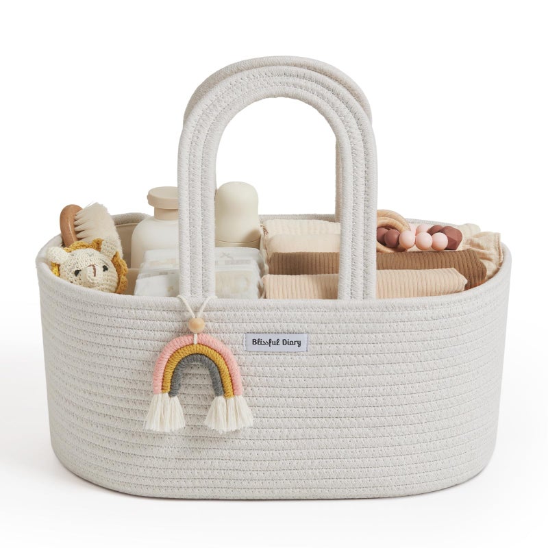 Blissful Diary Baby Diaper Caddy Organizer Cotton Rope Diaper Caddy Basket Oval Storage Basket Gift for Baby Shower Newborn Essentials Beige - Image 2