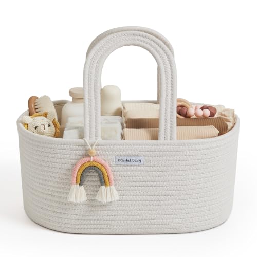 Blissful Diary Baby Diaper Caddy Organizer Cotton Rope Diaper Caddy Basket Oval Storage Basket Gift for Baby Shower Newborn Essentials Beige - Image 1