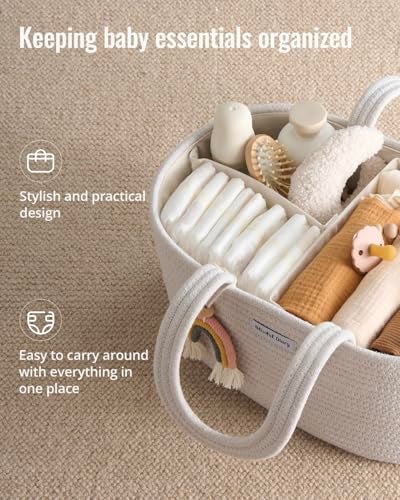 Blissful Diary Baby Diaper Caddy Organizer Cotton Rope Diaper Caddy Basket Oval Storage Basket Gift for Baby Shower Newborn Essentials Beige - Image 3