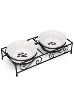 Navaris Ceramic Pet Bowl Set  Food Water Bowls For Cats, Small Dogs And Puppies With NonSlip Retro Metal Stand  Set Of Bowls, 10.8 Oz Each  - Image 1