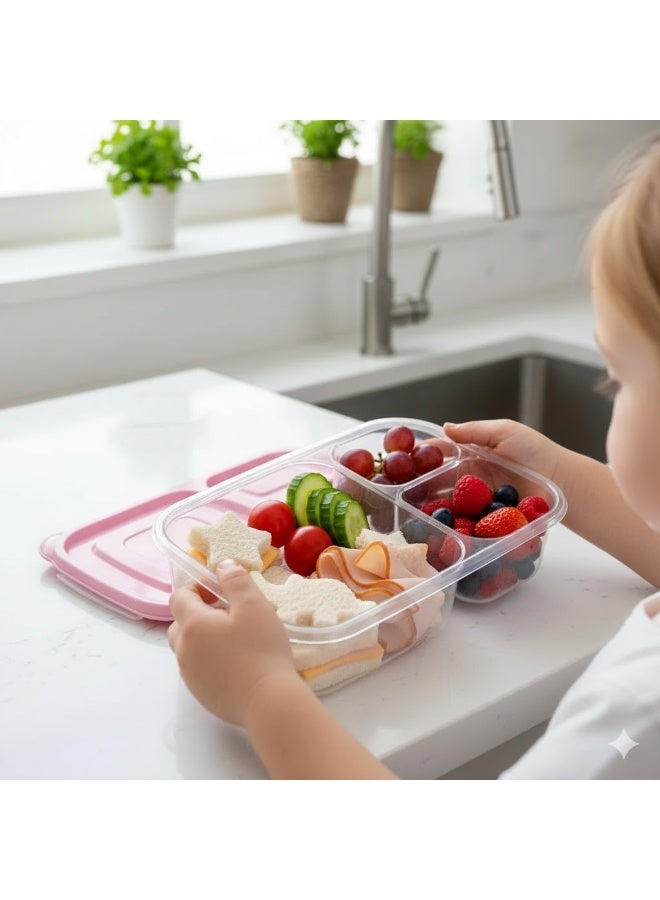 فافيلا طقم لانش بوكس بلاستيك شفاف بغطاء وردي محكم  –  متعدد التقسيمات -كود 1384 - Image 1