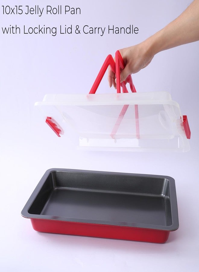 FAQQI 10x15 Jelly Roll Pan with Lid, Nonstick Carbon Steel Baking Pan with Locking Cover & Foldable Carry Handle, Rectangular Cake Pan Carrier for Swiss Roll, Brownies, Bars, Potluck & Bake Sale Desserts - Image 3