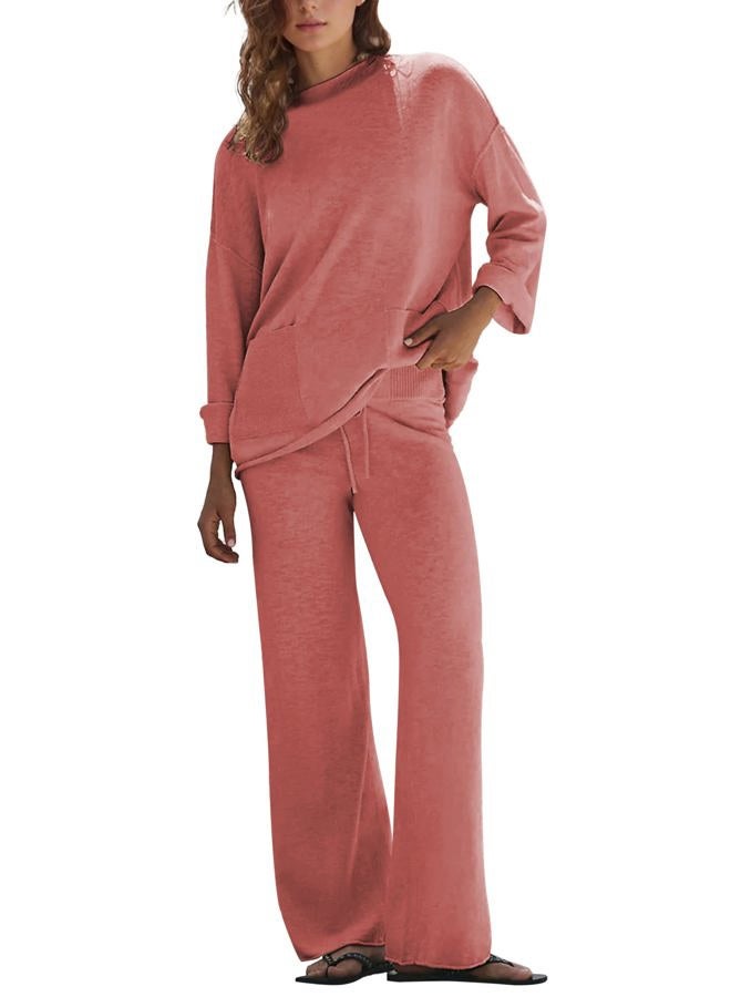 IQSQSQ Women's 2 Piece Sweater Set Long Sleeve Knit Top Wide Leg Pants Fall Winter Casual Lounge Outfit, Coral Pink, M - Image 1