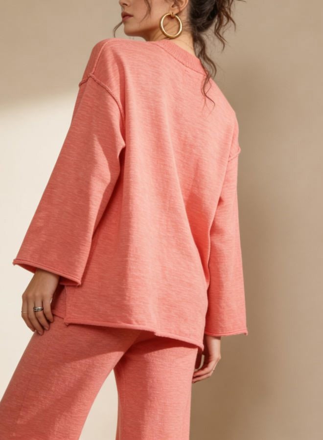 IQSQSQ Women's 2 Piece Sweater Set Long Sleeve Knit Top Wide Leg Pants Fall Winter Casual Lounge Outfit, Coral Pink, M - Image 3