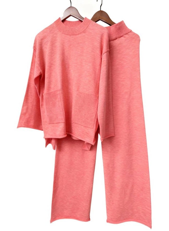 IQSQSQ Women's 2 Piece Sweater Set Long Sleeve Knit Top Wide Leg Pants Fall Winter Casual Lounge Outfit, Coral Pink, M - Image 4
