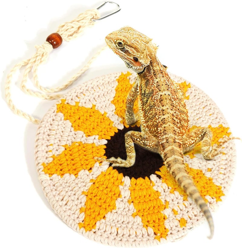 Yosadol Bearded Dragon Hammock, Handwoven Beardie Hammock, Pineapple Pattern Lizard Hanging Bed, Small Animal Pets Round Swing, Bearded Dragon Tank Accessories, Habitats Supplies, Climbing Toy - Image 1