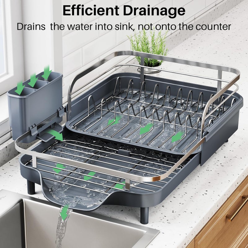 SNTD Dish Drying Rack, Expandable Dish Rack for Kitchen Counter, Stainless Steel Dish Drainer with Drainboard Set and Utensil Holder (Gray) - Image 3