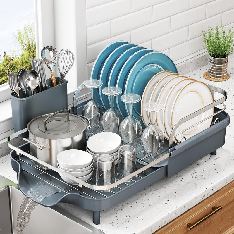 SNTD Dish Drying Rack, Expandable Dish Rack for Kitchen Counter, Stainless Steel Dish Drainer with Drainboard Set and Utensil Holder (Gray) - Image 1