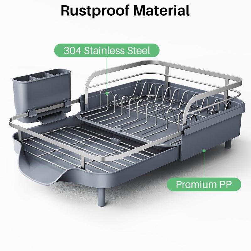 SNTD Dish Drying Rack, Expandable Dish Rack for Kitchen Counter, Stainless Steel Dish Drainer with Drainboard Set and Utensil Holder (Gray) - Image 4