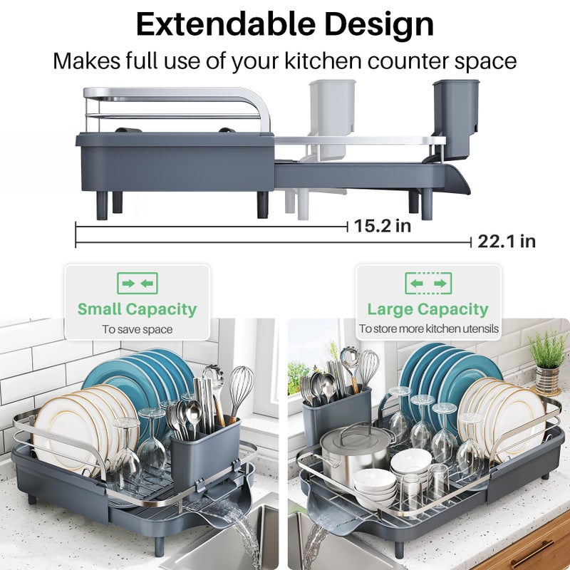 SNTD Dish Drying Rack, Expandable Dish Rack for Kitchen Counter, Stainless Steel Dish Drainer with Drainboard Set and Utensil Holder (Gray) - Image 2