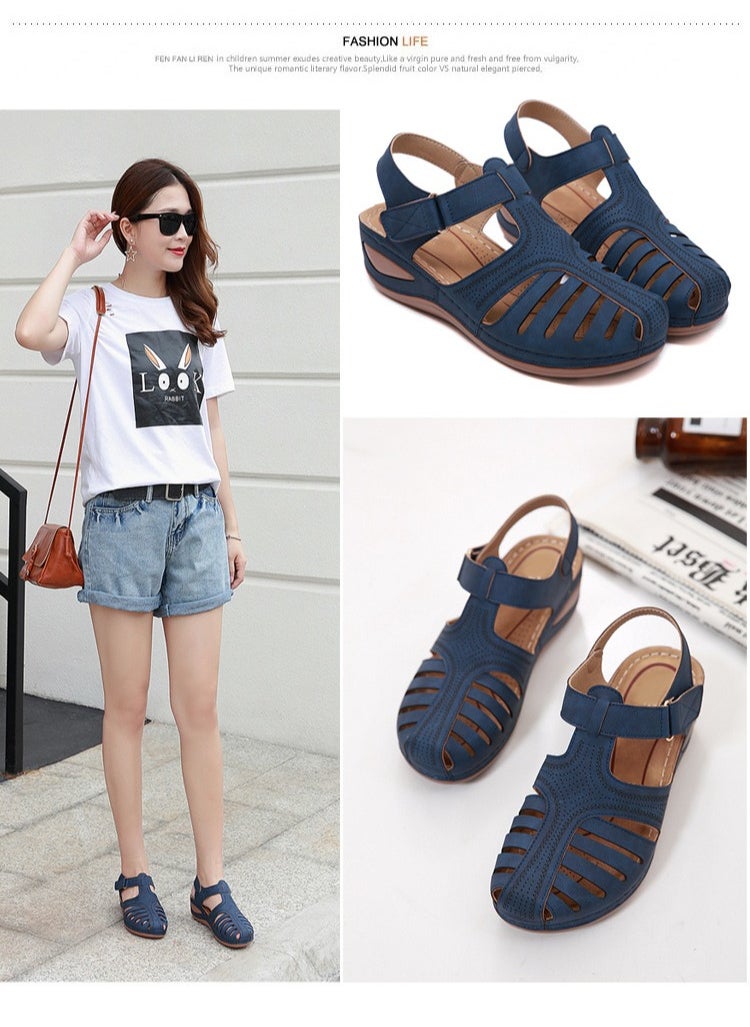 Loquat Retro Summer Sandals Women's Wedge Toe Sandals  Blue  - Image 2