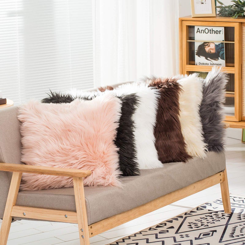 HYSEAS Set of 2 Decorative Faux Fur Throw Pillow Covers  White Fluffy Soft Fuzzy Square Cushion Cover Pillow Case for Sofa  Couch  Chair  Bed  Cafe  18 x 18 Inches - Image 4