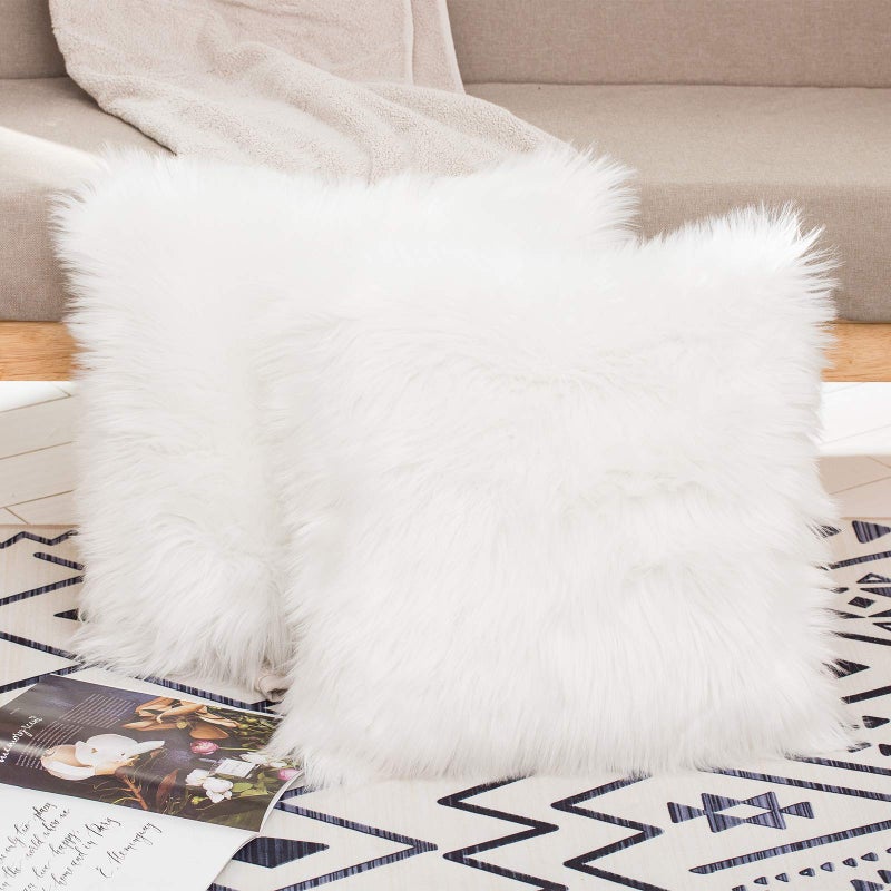 HYSEAS Set of 2 Decorative Faux Fur Throw Pillow Covers  White Fluffy Soft Fuzzy Square Cushion Cover Pillow Case for Sofa  Couch  Chair  Bed  Cafe  18 x 18 Inches - Image 2