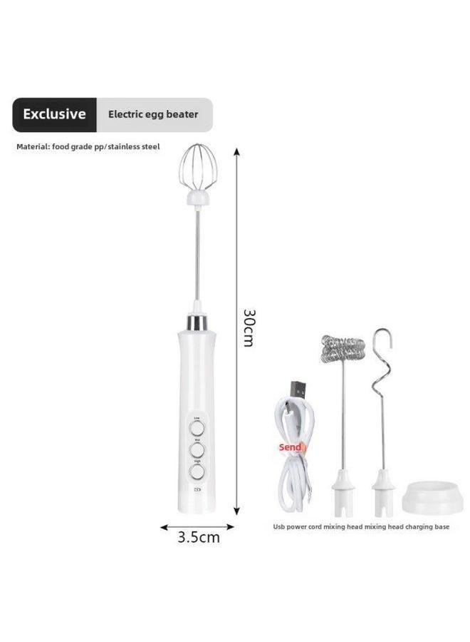 Blender Handheld Electric Small Household Egg Beater USB Charging Milk Baking Foam Machine-Color:EW-071 Triple Headband Base-Elegant White - Image 1