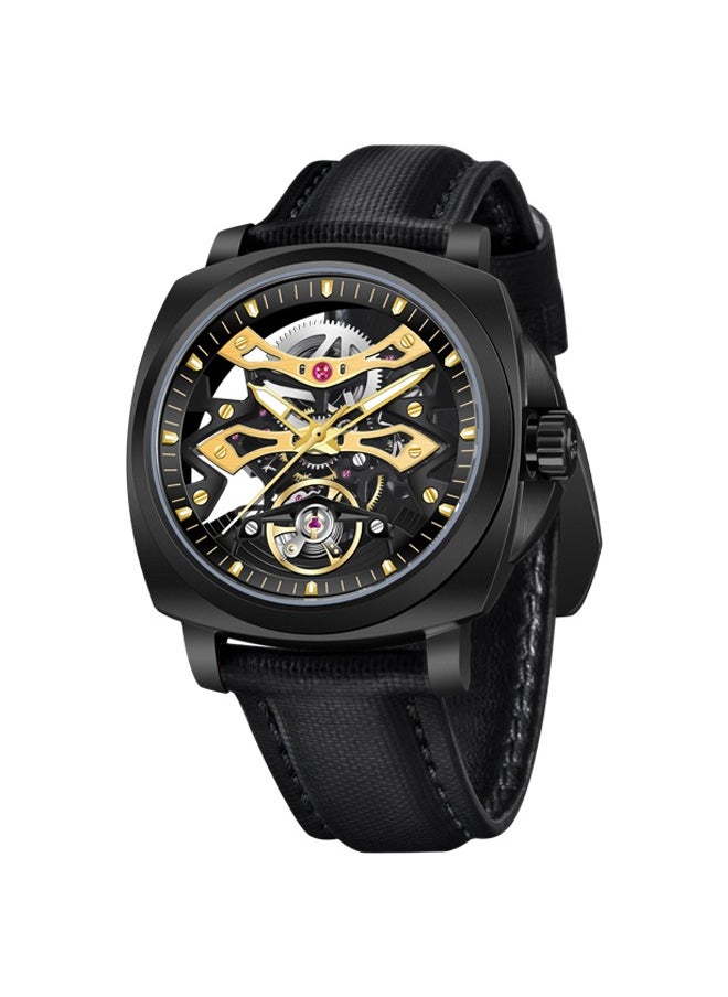 PAGANI DESIGN Men's Automatic Mechanical Watch, Silver And Black Hollow Dial Design, PU Leather Strap, Synthetic Sapphire Glass Watch Window, Luminous Hands, Waterproof, Fashionable And Versatile.  - Image 2