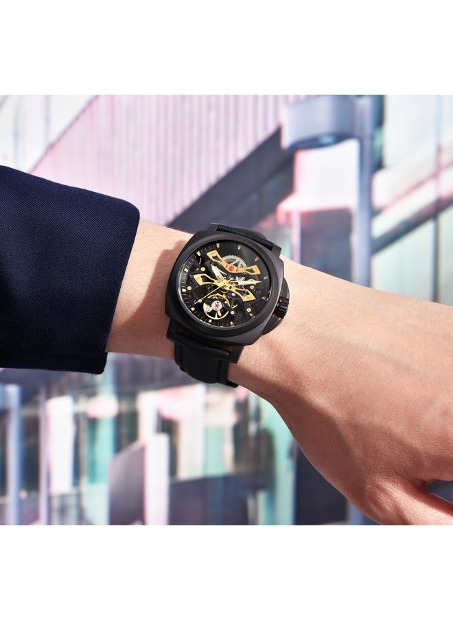 PAGANI DESIGN Men's Automatic Mechanical Watch, Silver And Black Hollow Dial Design, PU Leather Strap, Synthetic Sapphire Glass Watch Window, Luminous Hands, Waterproof, Fashionable And Versatile.  - Image 3