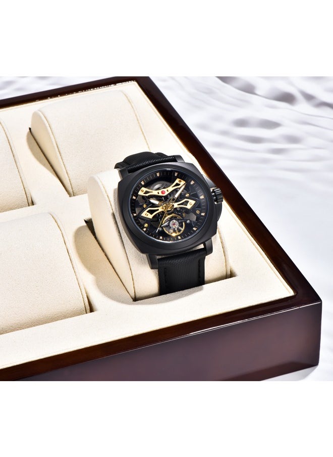 PAGANI DESIGN Men's Automatic Mechanical Watch, Silver And Black Hollow Dial Design, PU Leather Strap, Synthetic Sapphire Glass Watch Window, Luminous Hands, Waterproof, Fashionable And Versatile.  - Image 4