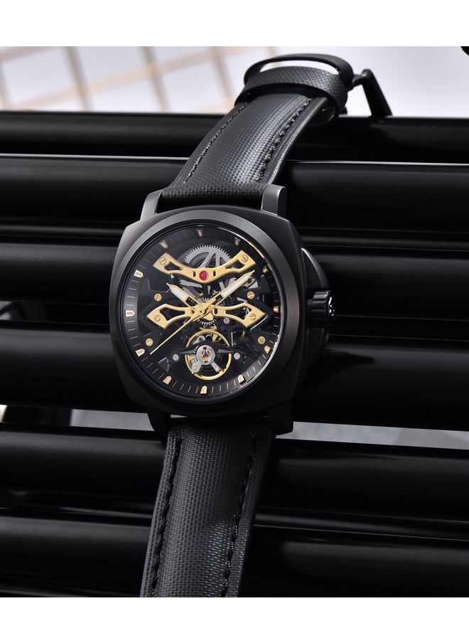 PAGANI DESIGN Men's Automatic Mechanical Watch, Silver And Black Hollow Dial Design, PU Leather Strap, Synthetic Sapphire Glass Watch Window, Luminous Hands, Waterproof, Fashionable And Versatile.  - Image 5
