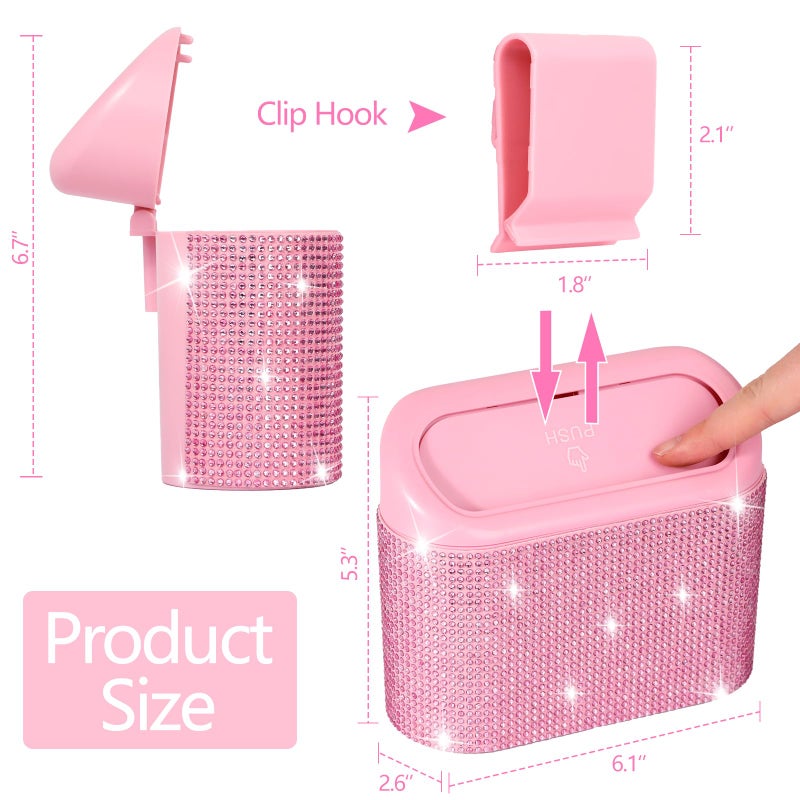 NBTEPEM Bling Pink Car Trash Can with Lid, Mini Auto Garbage Can with 30 Trash Bags, Automotive Garbage Container Bin, Bling Car Accessories Trash Can for Women (Pink Diamond) - Image 2