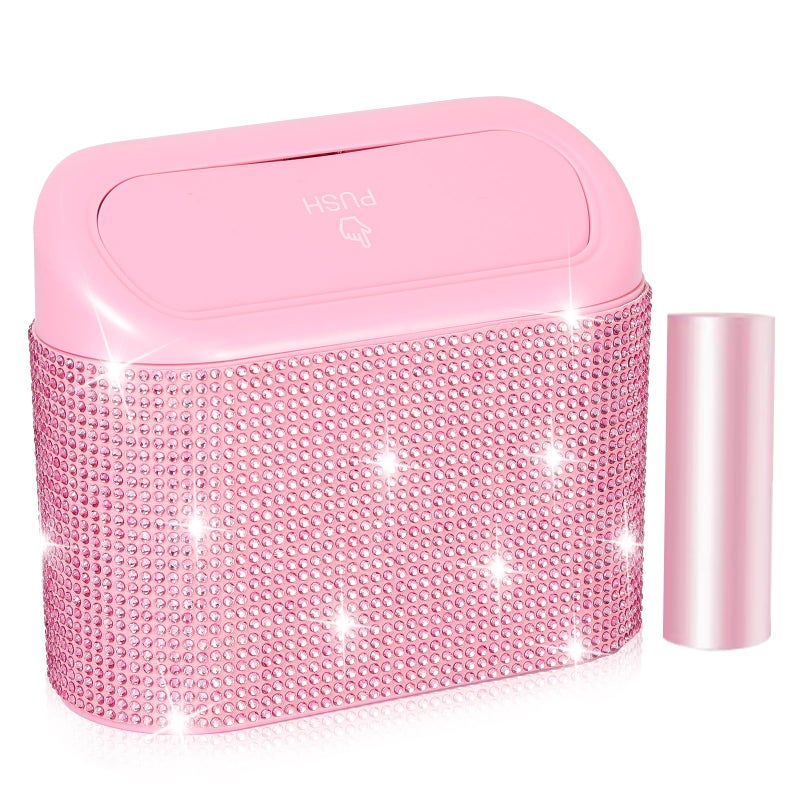 NBTEPEM Bling Pink Car Trash Can with Lid, Mini Auto Garbage Can with 30 Trash Bags, Automotive Garbage Container Bin, Bling Car Accessories Trash Can for Women (Pink Diamond) - Image 1