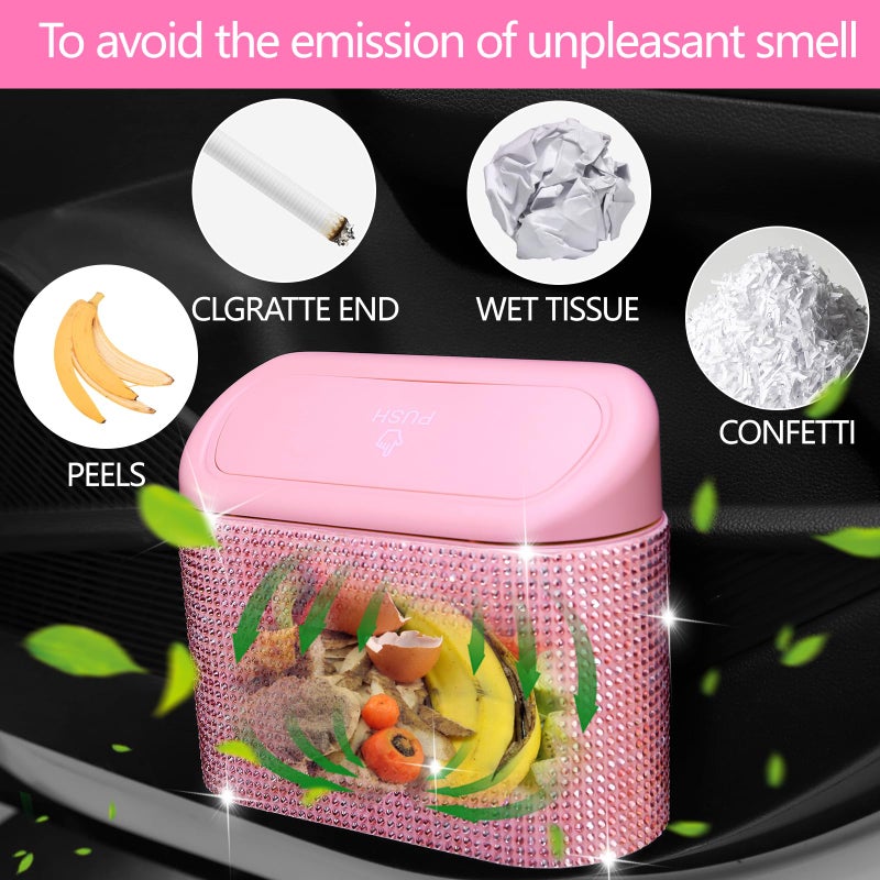 NBTEPEM Bling Pink Car Trash Can with Lid, Mini Auto Garbage Can with 30 Trash Bags, Automotive Garbage Container Bin, Bling Car Accessories Trash Can for Women (Pink Diamond) - Image 3