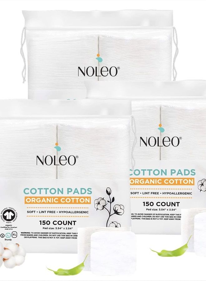 NOLEO Organic Cotton Pads (450 Count (Pack of 3), Large & Pressed) - Lint Free , Soft, No Hard Edges, 3"54x3"54 - Image 1
