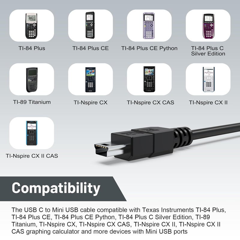 كابل TI 84 متوافق مع حاسبات تيكساس إنسترومنتس TI-84 Plus، TI-84 Plus CE، TI-84 Plus C Silver Edition، TI-89 Titanium، TI-Nspire CX II، TI-Nspire CX II CAS، TI Nspire CX CAS (4.9 قدم) - Image 2