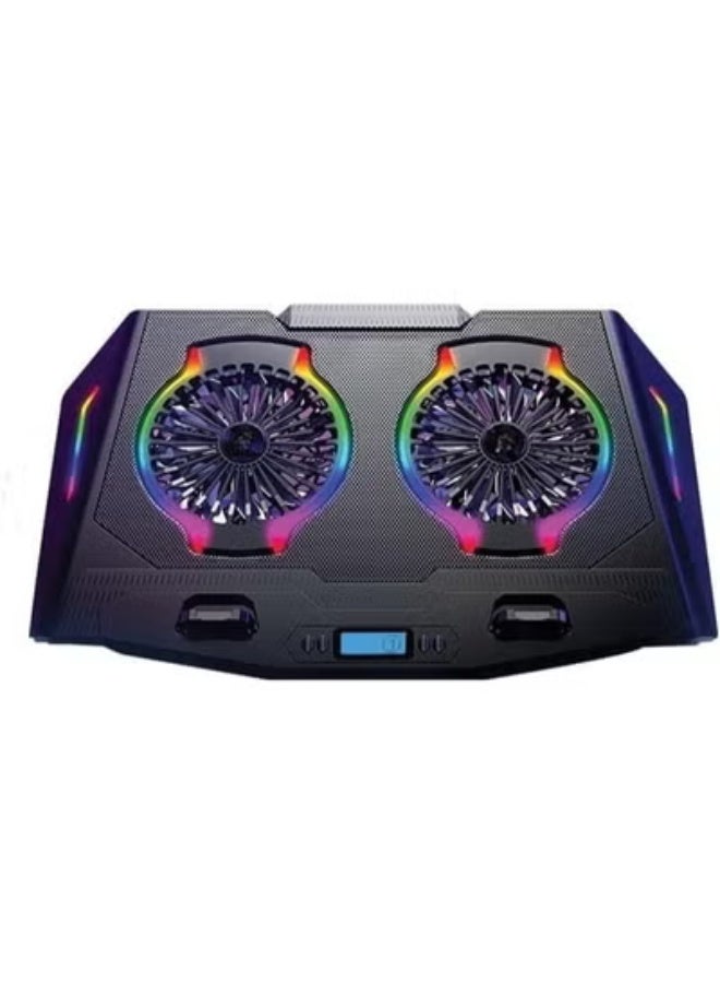 ستاند تبريد لابتوب للألعاب – مروحتين RGB كبيرتين، شاشة LCD وحامل موبايل – مناسب لأجهزة 12-17 بوصة - Image 1