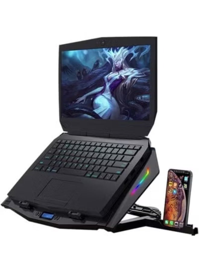 ستاند تبريد لابتوب للألعاب – مروحتين RGB كبيرتين، شاشة LCD وحامل موبايل – مناسب لأجهزة 12-17 بوصة - Image 2