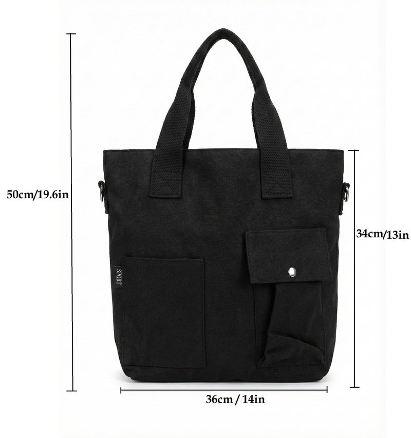BROGBUS Canvas Tote Bag for Women Office Use, College Girls with Compartment, Black - Image 3
