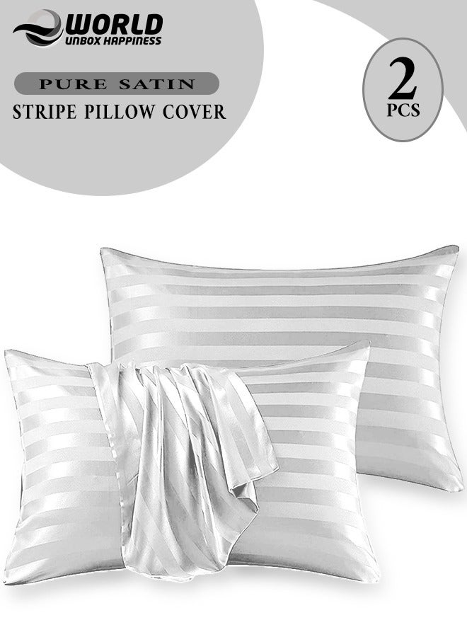 Eworld Set of 2 White Satin Stripe Pillow Covers Featuring 300 Thread Count, 1cm Satin Stripe, Envelope Closure, Cool, Breathable & Premium Quality - Image 1