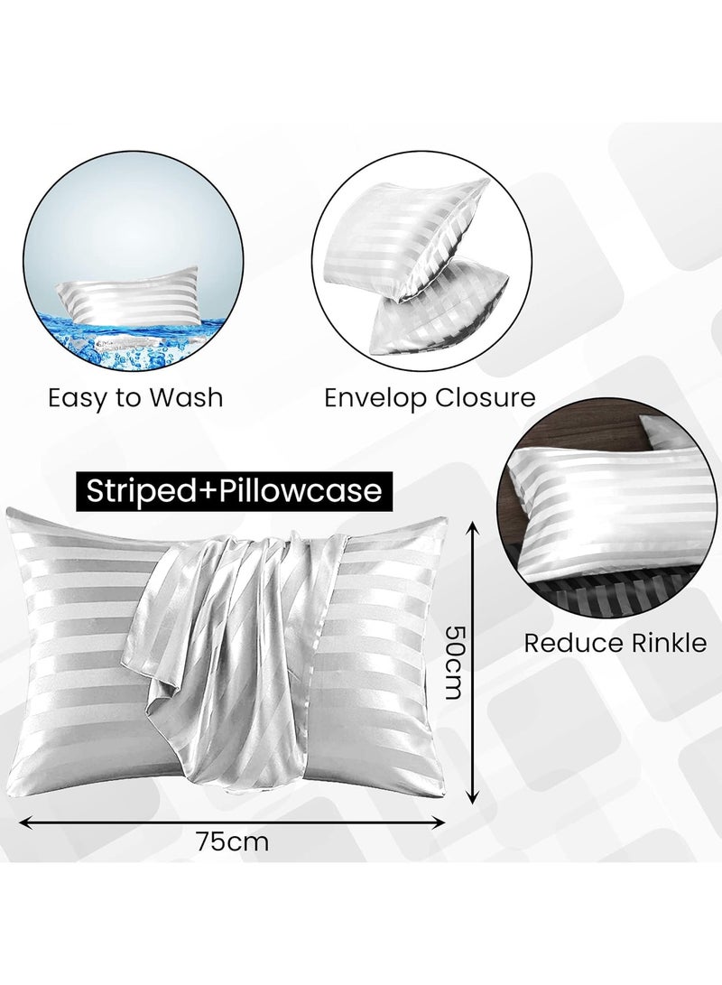 Eworld Set of 2 White Satin Stripe Pillow Covers Featuring 300 Thread Count, 1cm Satin Stripe, Envelope Closure, Cool, Breathable & Premium Quality - Image 2
