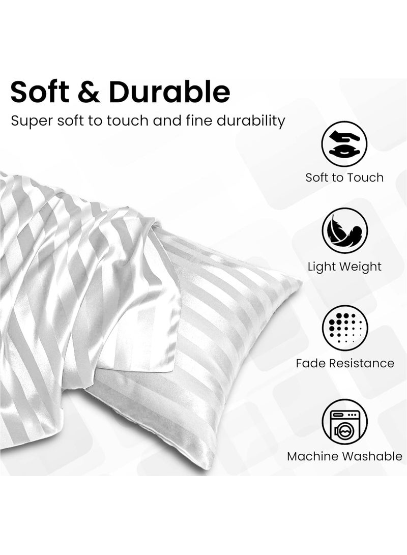 Eworld Set of 2 White Satin Stripe Pillow Covers Featuring 300 Thread Count, 1cm Satin Stripe, Envelope Closure, Cool, Breathable & Premium Quality - Image 5