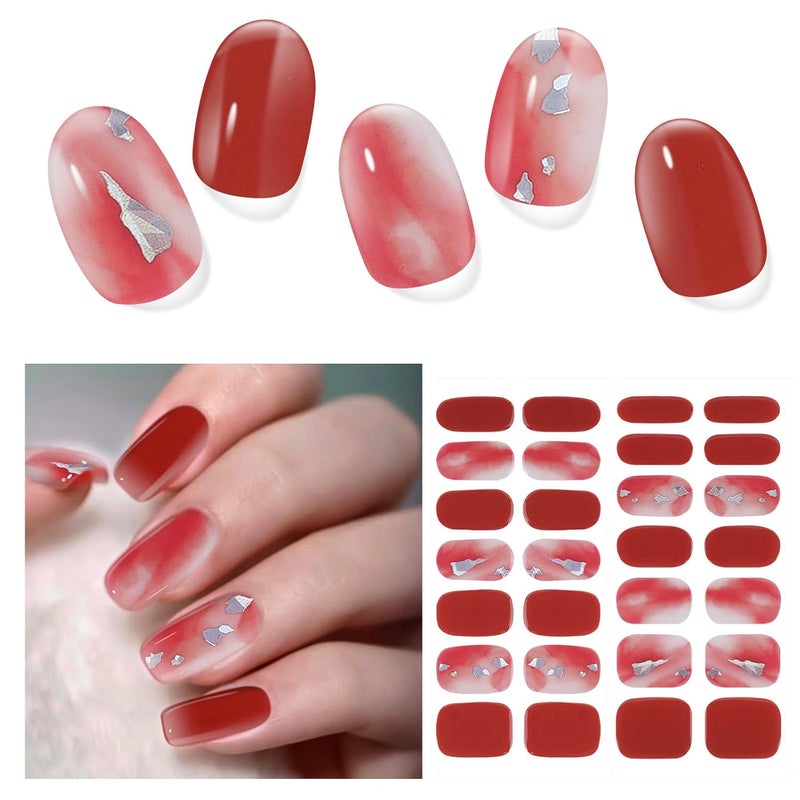 DUKASOU 28 قطعة شرائط أظافر جل شبه معالجة، مجموعة ملصقات أظافر جل تعمل مع أي مصابيح أظافر UV، لفات أظافر جل طويلة الأمد للفتيات والنساء، تشمل وسادات التحضير، مبرد أظافر وعصا خشبية (مذنب قرمزي)