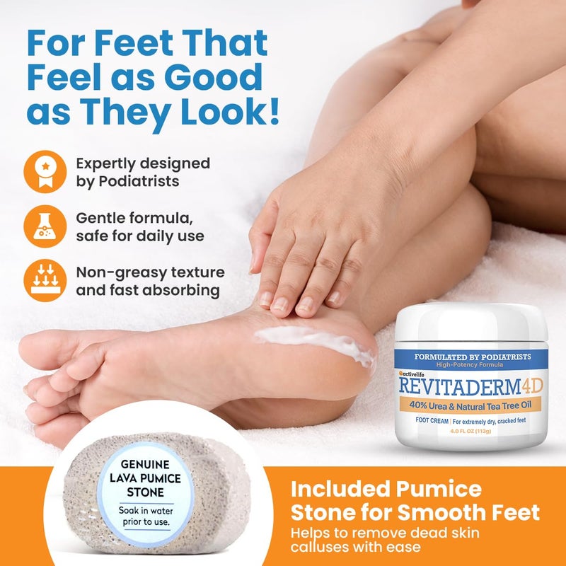 activelife Revitaderm 4D Urea Cream 40% for Feet, Intensive Moisturizing Foot Cream for Dry, Rough, Callused Skin, Includes Free Pumice Stone and Exfoliating Brush, Fast-Absorbing, Fragrance-Free, 4oz, 1 Pack - Image 2