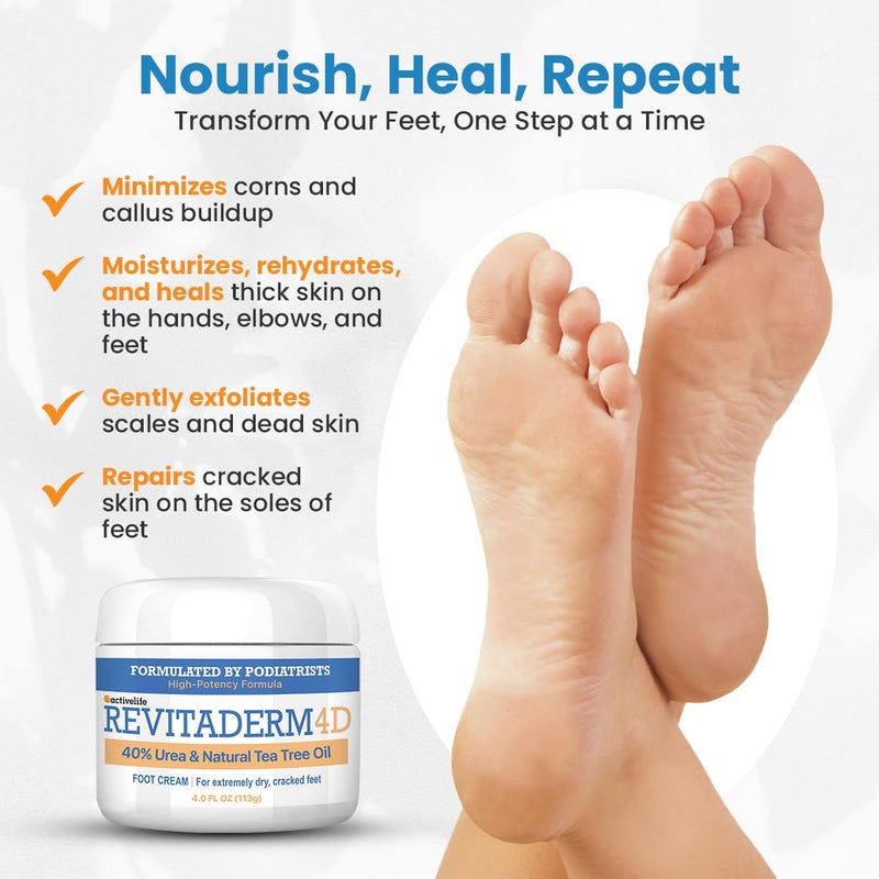 activelife Revitaderm 4D Urea Cream 40% for Feet, Intensive Moisturizing Foot Cream for Dry, Rough, Callused Skin, Includes Free Pumice Stone and Exfoliating Brush, Fast-Absorbing, Fragrance-Free, 4oz, 1 Pack - Image 3
