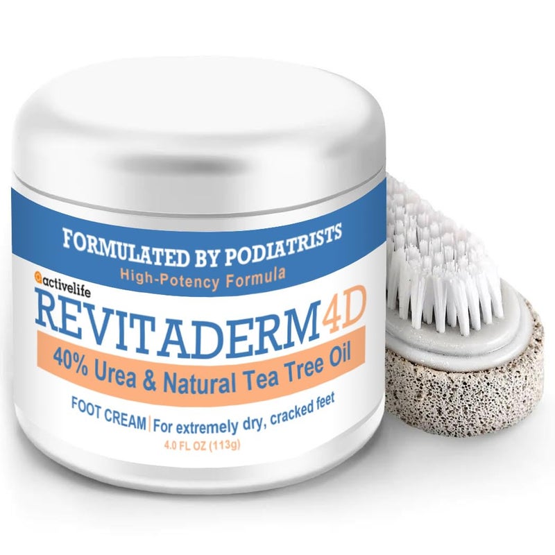 activelife Revitaderm 4D Urea Cream 40% for Feet, Intensive Moisturizing Foot Cream for Dry, Rough, Callused Skin, Includes Free Pumice Stone and Exfoliating Brush, Fast-Absorbing, Fragrance-Free, 4oz, 1 Pack - Image 1