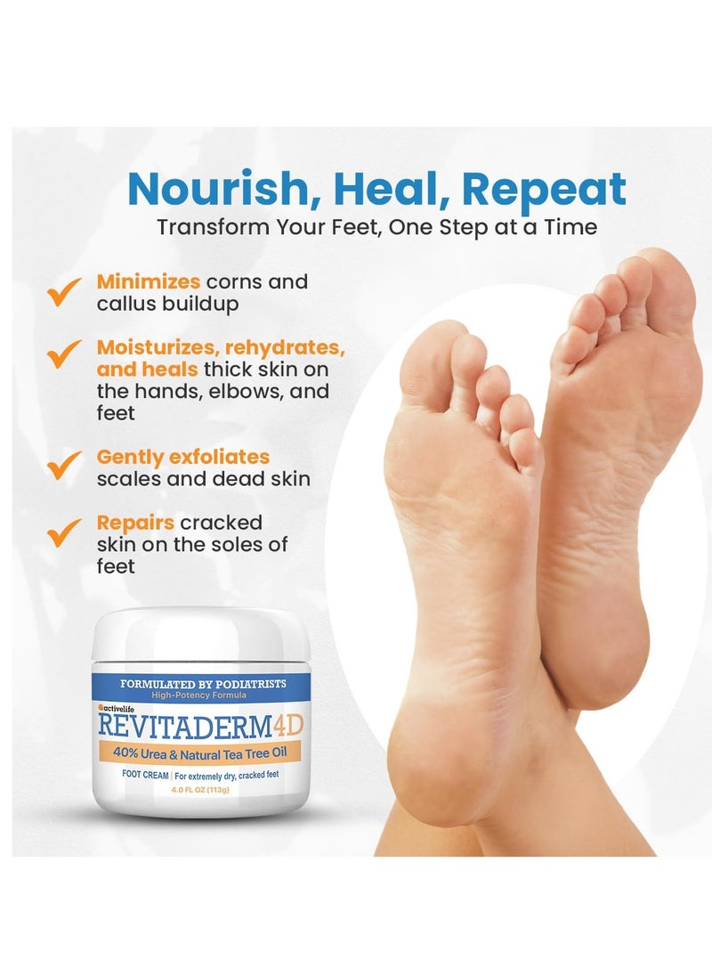 activelife - Revitaderm 4D Urea Cream, Deeply Moisturizes for Dry, Cracked Feet, Hands, Elbows and Knees, Ultra Repair Cream and Callus Remover For Feet, Free Pumice Stone Included, 4oz, 1 Pack - Image 1