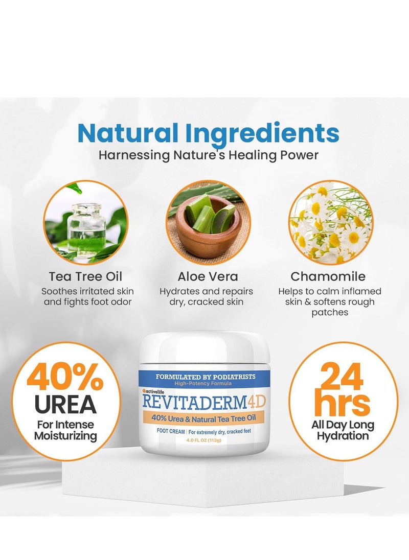 activelife - Revitaderm 4D Urea Cream, Deeply Moisturizes for Dry, Cracked Feet, Hands, Elbows and Knees, Ultra Repair Cream and Callus Remover For Feet, Free Pumice Stone Included, 4oz, 1 Pack - Image 1