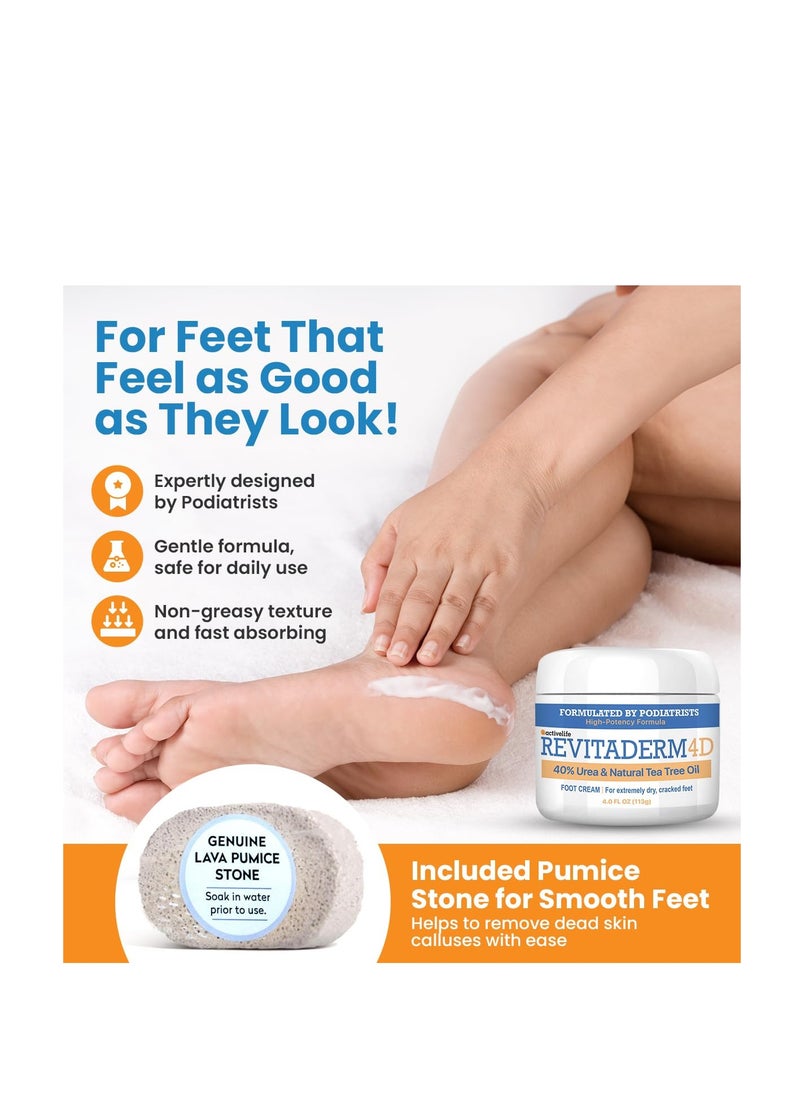 activelife - Revitaderm 4D Urea Cream, Deeply Moisturizes for Dry, Cracked Feet, Hands, Elbows and Knees, Ultra Repair Cream and Callus Remover For Feet, Free Pumice Stone Included, 4oz, 1 Pack - Image 1