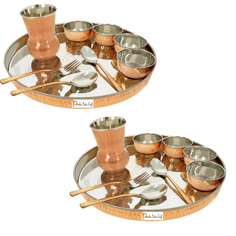 Prisha India Craft Dinnerware Copper Traditional Dinner Set Thali Plate, Bowls, Fork, Glass Spoon and Serving Spoon, Diameter 13 Inch Stainless Steel Copper Thali Set of 2 - Image 1