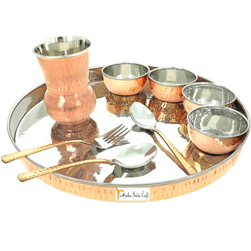Prisha India Craft Dinnerware Copper Traditional Dinner Set Thali Plate, Bowls, Fork, Glass Spoon and Serving Spoon, Diameter 13 Inch Stainless Steel Copper Thali Set of 2 - Image 2