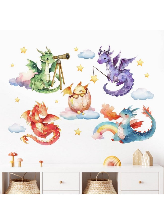 Mfault Baby Dragon Wall Decals Stickers, Watercolor Dragon Eggs Decoration Nursery Kids Bedroom Art, Rainbow Cloud Stars Neutral Toddler Girls Boys Playroom Living Room Decor - Image 1
