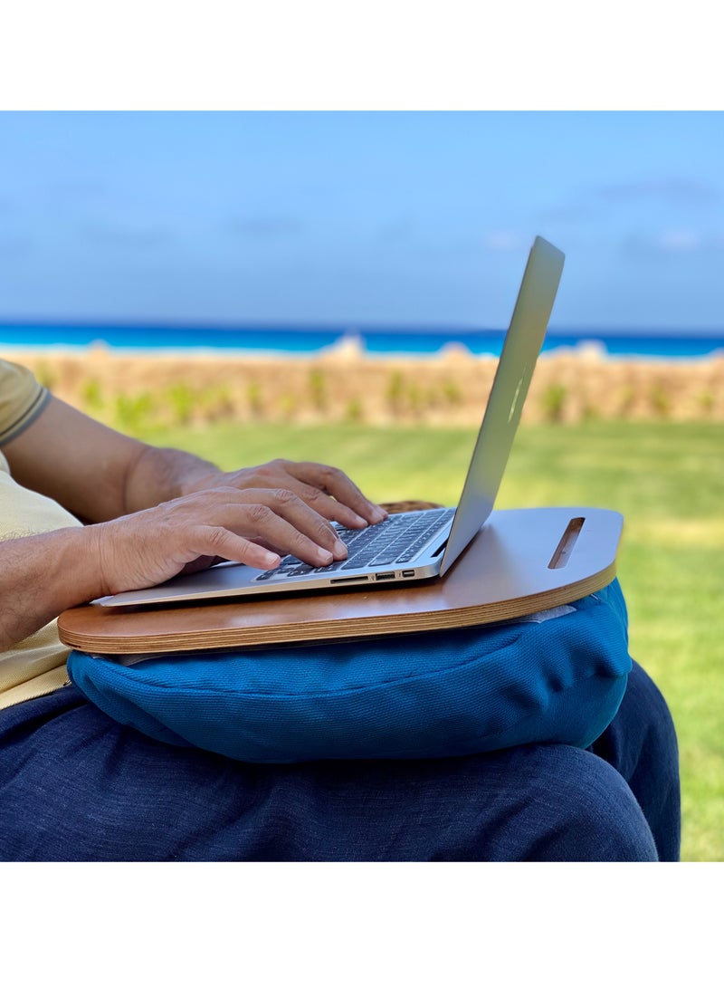 Mazajy Home Lazylap – Blue Fabric Cushioned Lap Desk with Beech Wood Top – Fits Laptops up to 17” – Tablet/Phone Slot – Portable Design – Detachable, washable & Refillable Bean Cushion – Heat-Reducing Wooden Surface – 47x37 cm - Image 1