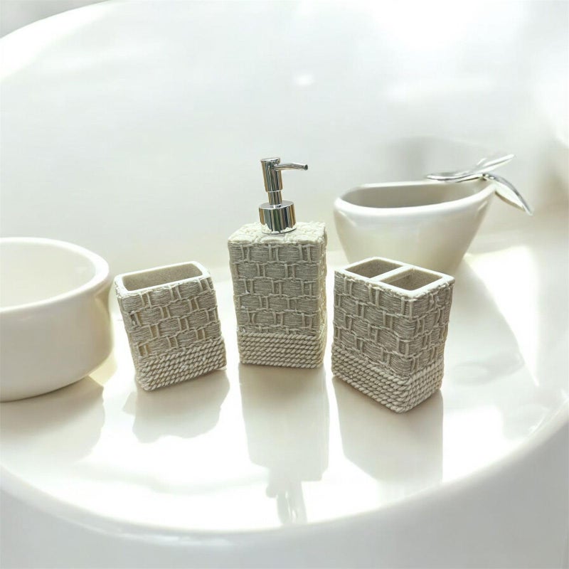 MERISH Ceramic Bathroom Accessories Set of 3, 1 Soap Dispenser, 1 Segmented Toothbrush Holder & 1 Tumbler, Dual-Tone Stoneware Texture - Image 1