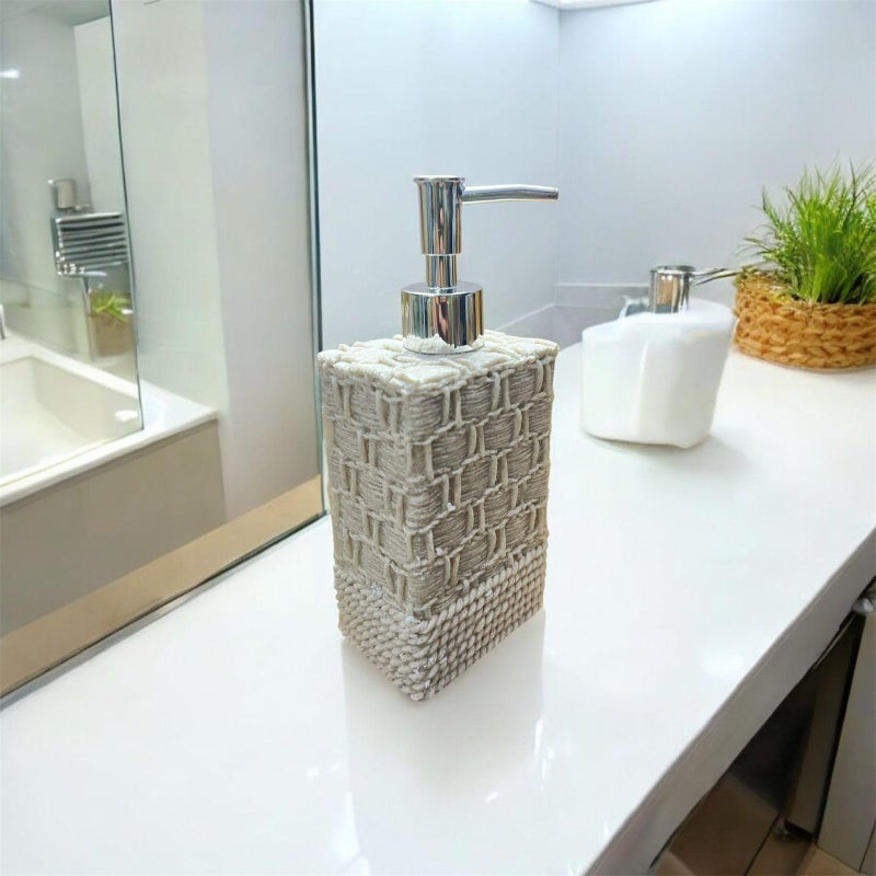 MERISH Ceramic Bathroom Accessories Set of 3, 1 Soap Dispenser, 1 Segmented Toothbrush Holder & 1 Tumbler, Dual-Tone Stoneware Texture - Image 5