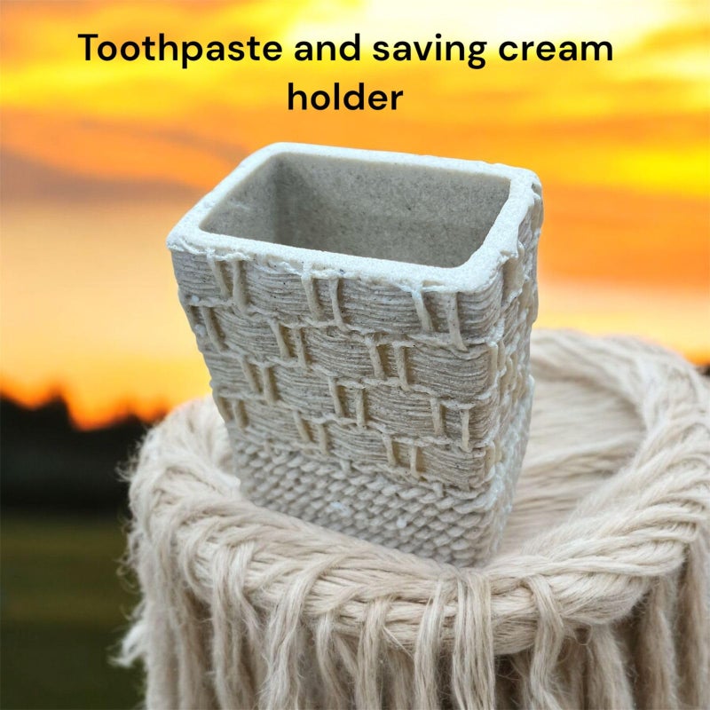 MERISH Ceramic Bathroom Accessories Set of 3, 1 Soap Dispenser, 1 Segmented Toothbrush Holder & 1 Tumbler, Dual-Tone Stoneware Texture - Image 3