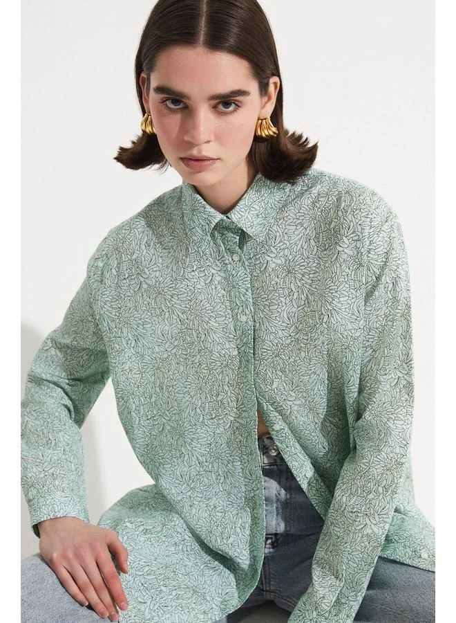 جون June Exclusive Floral Patterned Cotton Shirt Green