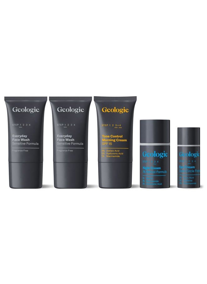 Geologie - Sensitive Skincare Set for Men & Women | 1-Month Gentle & Effective Daily Skin Routine | Acne, Oily Skin, Dark Spots | Face Wash 2-Pack, Retinol Face Cream, SPF15 Moisturizer & Eye Cream - Image 1